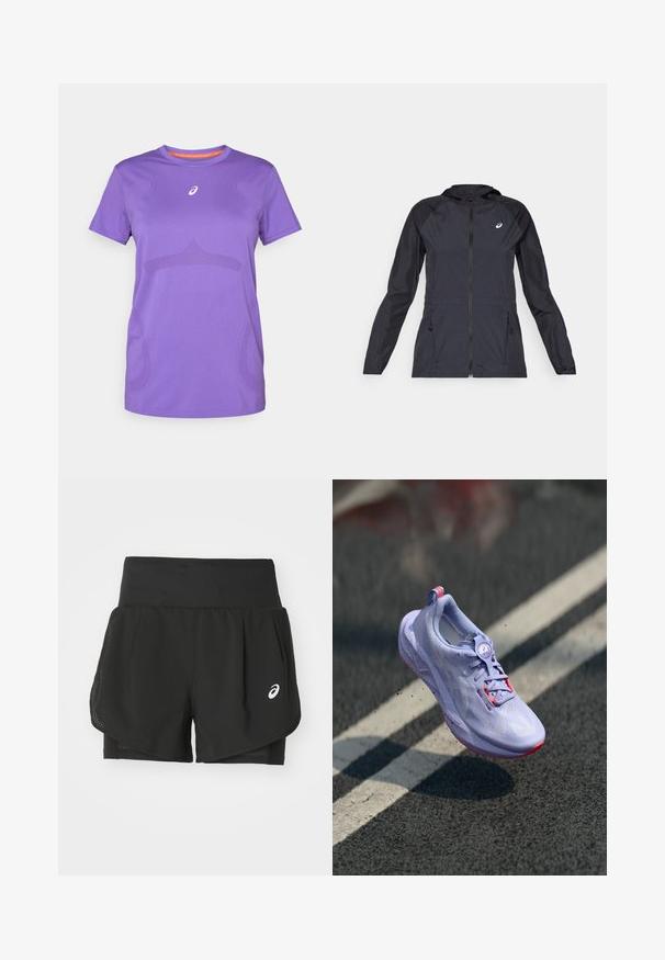 Czarna, lekka kurtka z kapturem, z pełnym zamkiem błyskawicznym, dwoma bocznymi kieszeniami oraz kontrastującymi czarnymi panelami na ramionach i rękawach.; Fioletowa koszulka sportowa wykonana z oddychającego materiału. Posiada okrągły dekolt, krótkie rękawy oraz subtelny tonacyjny wzór na przodzie.; Czarne szorty sportowe z przewiewną siateczkową nakładką, wewnętrznymi szortami o gładkiej fakturze i białym logo po lewej stronie.; Jasnofioletowy but do biegania z teksturowaną cholewką, różowymi akcentami, okrągłym mechanizmem sznurowania i nakropkowaną podeszwą, uniesiony nad tle chodnika.