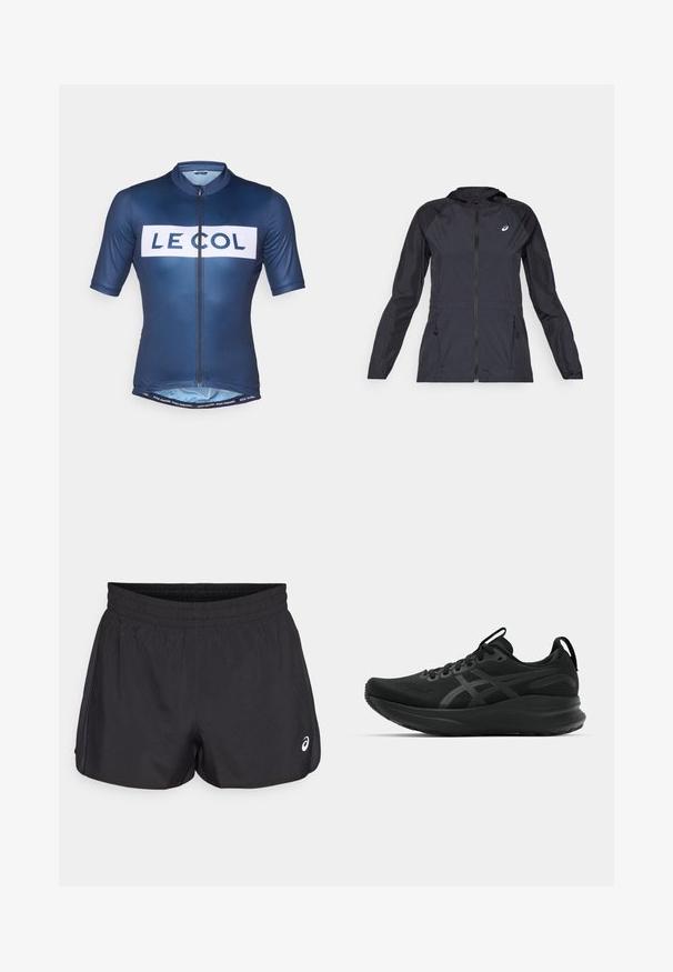 Melns viegls mētelis ar kapuci, pilna rāvējslēdzēja aizdare, divas sānu kabatas un kontrastējoši melni paneļi plecos un piedurknēs.; Jūras spēku riteņbraukšanas krekls, izgatavots no gludas, vieglas auduma; īsas piedurknes; priekšpusē ar rāvējslēdzēju; uz krūšu centrālās daļas ir balts teksts "LE COL".; Melnas sporta šortus ar elastīgu jostasvietu, gludu tekstūru, izliekto apakšu un sānu sietu akcentiem. Priekšpusē ir neliela logo.; Melnas sporta kurpes ar elpojošu augšējo daļu, teksturētu audumu, biezu zoli un viegli pamanāmiem zīmola akcentiem. Iekļauti auklas un cilpiņa.