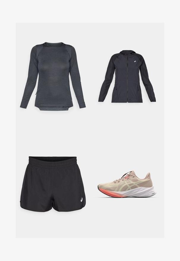 Čierna ľahká bunda s kapucňou, plným zipsom, dvoma bočnými vreckami a kontrastnými čiernymi panelmi na pleciach a rukávoch.; Dlhý rukáv atletického trička v tmavosivej tkanine s textúrovaným vzorom, s okrúhlym výstrihom a bočnými rozparkami pre lepší pohyb.; Čierne športové šortky s elastickým pásom, hladkou textúrou, zakriveným lemom a bočnými sieťovanými akcentmi. Na prednej strane sa nachádza malá logo.; Svetloružová bežecká obuv s sieťovinovým zvrškom, bielym stredovým dielom a oranžovými akcentmi na podrážke. Má elegantný, aerodynamický dizajn.