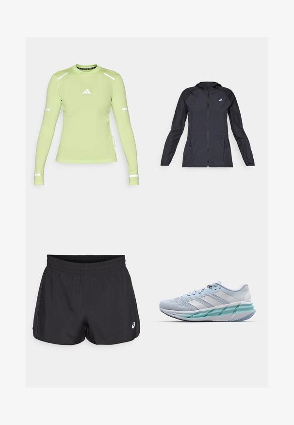 Černá lehká bunda s kapucí, plným zipem, dvěma bočními kapsami a kontrastními černými panely na ramenou a rukávech.; Světle zelené sportovní tričko s dlouhými rukávy, texturovaným materiálem, reflexními akcenty na rukávech a malým bílým logem na hrudi.; Černé sportovní šortky s elastickým pasem, hladkým povrchem, zakřiveným lemem a bočními mesh akcenty. Na přední straně je malá nášivka s logem.; Světlomodré sportovní boty s texturovaným pleteným svrškem, bílými akcenty a průhledným zeleným mezipodešví. Oválná špička a polstrovaný límec.
