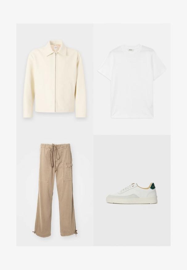 Krémová bunda so štruktúrovaným golierom, predným zipsom a bočnými vreckami. Vyrobená z hladkého materiálu, s minimalistickým dizajnom.; Biela bavlnená tričko s okrúhlym výstrihom, krátkymi rukávmi a jemným logom potlačeným na prednej strane. Hladká textúra a jednoduchý dizajn.; Béžové cargo nohavice s pásom na stiahnutie, širokými nohavicami, bočnými vreckami a šnúrkami na spodnom leme. Vyrobené z mäkkého, odolného bavlneného materiálu.; Biele tenisky s semišovými akcentmi, zaoblenou špičkou, plochými šnúrkami a krémovou gumovou podrážkou. Na päte sú zelené značky.