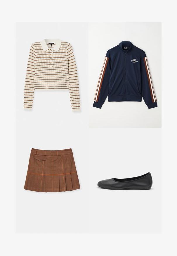 Marineblaues Reißverschluss-Trainingsjackett aus glattem Stoff, mit braunen und weißen Streifenakzenten an den Ärmeln und dem Text "MILANO GYMNASIUM".; rag & bone VIOLA STRIPE - Strickpullover - ivory; Brauner karierter Rock mit einem plissierten Design, orangefarbenen Akzenten und einer seitlichen Tasche. Hergestellt aus strukturiertem Material mit einem taillierten Bund.; Schwarze Leder-Ballettschuhe mit abgerundeter Spitze, glatter Textur, minimalen Nähdetails und einem flexiblen Sohlen-Design.