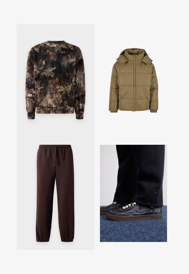 Giacca imbottita verde oliva con colletto alto, zip frontale e dettagli con bottoni a pressione. Tessuto liscio con pannelli trapuntati orizzontali.; Felpa con motivo camouflage marrone, collo rotondo, maniche lunghe e polsini a coste, realizzata in tessuto morbido e testurizzato.; Pantaloni jogger marroni con vita regolabile, polsini elasticizzati e morbido materiale di cotone. Presentano una vestibilità rilassata e un design minimal.; Nike Sportswear KILLSHOT 2 LTR PRM OPP2 - Sneakers basse - black sail baroque brown mtlc dk grey