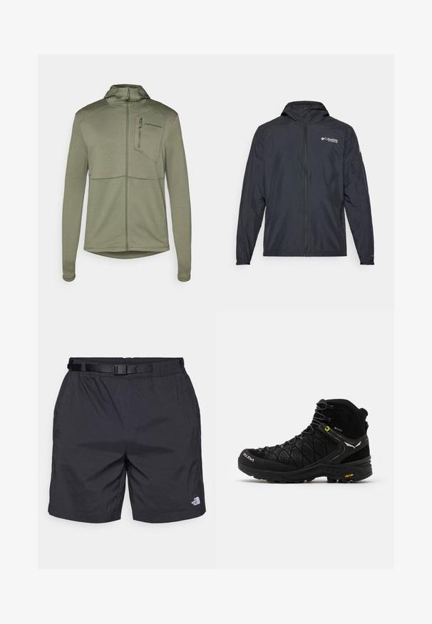 Lekką czarną kurtkę z kapturem, zapinaną na zamek i z logo Columbia. Charakteryzuje się gładką teksturą i elastycznymi mankietami dla lepszego dopasowania.; Oliwkowa kurtka z długim rękawem, zapinana na zamek, z teksturowanym wzorem w kratkę, kapturem i kieszenią na piersi. Posiada kontrastowe szwy i otwory na kciuki.; Czarna koszulka z gładkiej tkaniny, z okrągłym dekoltem i krótkimi rękawami. Dyskretne logo wydrukowane na czerni na klatce piersiowej.; Czarne, lekkie szorty o luźnym kroju, z regulowanym paskiem, kieszeniami po bokach oraz logo North Face na dolnej prawej nogawce.; Czarne buty trekkingowe z teksturowaną cholewką, wzmocnionym noskiem i podeszwą Vibram. System sznurowania zawiera haki dla zapewnienia pewnego dopasowania.