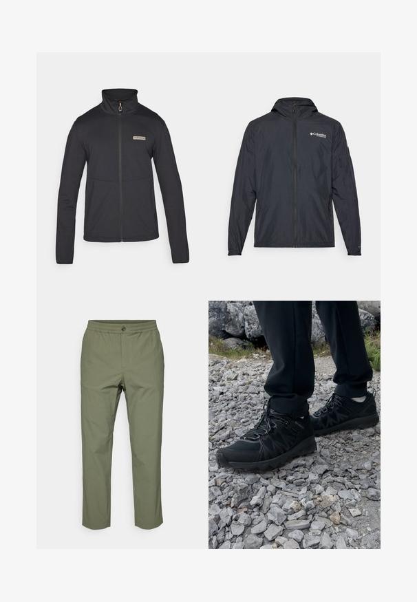 Lett svart jakke med hette, glidelås og Columbia-logo. Har glatt tekstur og elastiske mansjetter for en tettsittende passform.; Svart fleecejakke med høy krage, hel glidelås og sømdetaljer foran. Har en liten, metallisk merkevarelogo på venstre bryst.; Svart T-skjorte laget av glatt stoff, med rund hals og korte ermer. Diskret merkevaretrykk i svart på brystet.; Olivenfargede bukser laget av lett stoff, med elastisk midje, knappelukking og rett benpassform uten synlige mønstre.; Sorte utendørssko i svart med mesh og syntetisk materiale, med en teksturert overdel, sikret snøresystem og en robust såle, på steinete terreng.