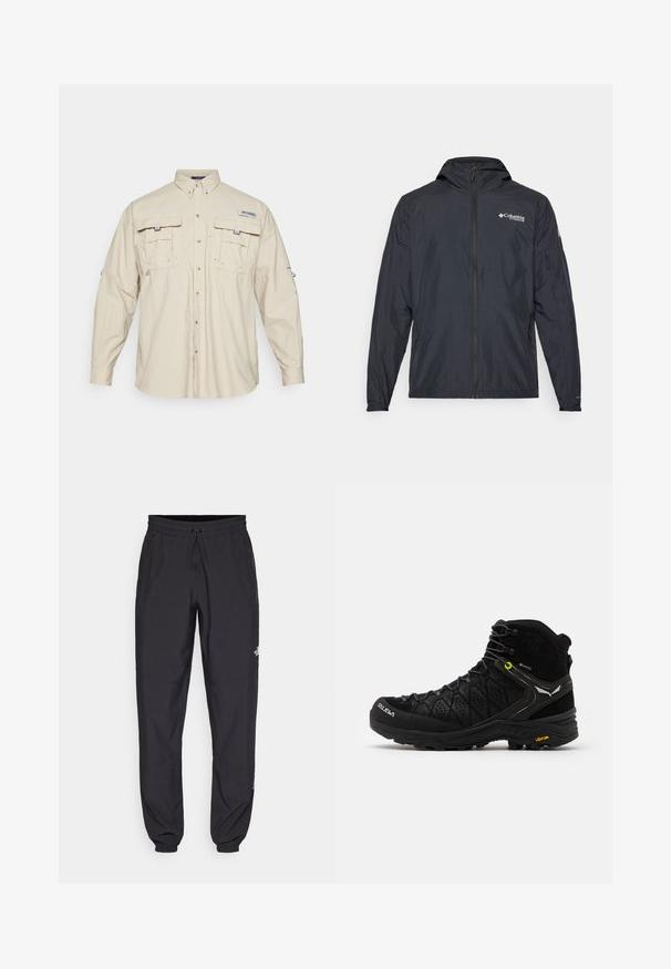 Lichtgewicht zwartjack met capuchon, ritssluiting en Columbia-logo. Heeft een gladde textuur en elastische manchetten voor een comfortabele pasvorm.; Columbia BAHAMA™ SHIRT - Overhemd - fossil; Zwarte T-shirt gemaakt van soepel materiaal, met een ronde hals en korte mouwen. Subtiele branding in het zwart gedrukt op de borst.; Zwarte sportieve broek gemaakt van lichtgewicht stof, met een trekkoord in de taille, zijzakken en taps toelopende boorden bij de enkels.; Zwarte wandelschoen met een gestructureerde bovenkant, verstevigde neus en Vibram-zool. Het vetersysteem bevat haken voor een veilige pasvorm.
