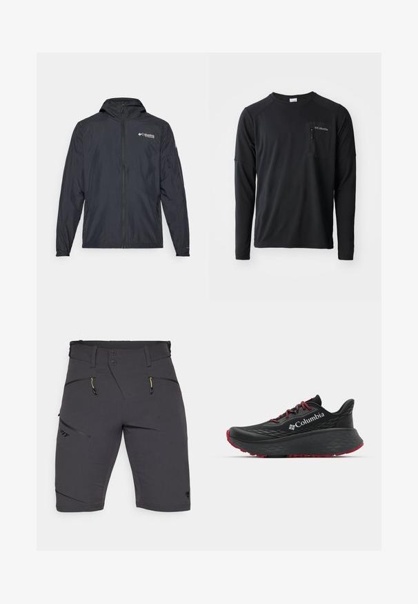 Lightweight black jacket with hood, zip closure, and Columbia logo. Features smooth texture and elastic cuffs for a snug fit.; Columbia COLUMBIA TECH™ LONG SLEEVE CREW - Long sleeved top - black; Dynafit TRANSALPER - Outdoor shorts - black out; Black athletic shoe with textured upper, red laces, and logo. Thick sole with patterned tread for traction. Minimalist design, side view.
