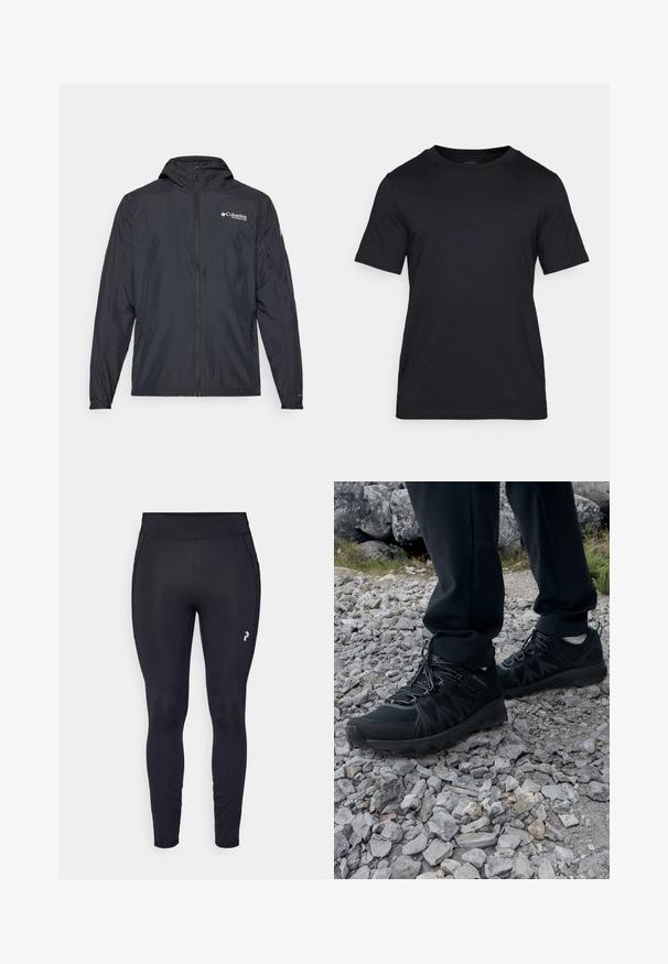 Lahka črna jakna s kapuco, z zadrgo in logotipom Columbia. Ima gladko teksturo in elastične manšete za tesen fit.; Črna majica z kratkimi rokavi, izdelana iz gladkega materiala, z okroglo izrezanem ovratnikom. Diskretno logotip je natisnjen v črni barvi na prsih.; Črne športne legice iz raztegljive tkanine. Imajo visok pas, gladko teksturo in majhen logotip na strani.; Črne zunanje čevlje iz mrežastega in sintetičnega materiala, s teksturiranim zgornjim delom, zavarovanim sistemom vezalk in trdim podplatom, na skalnatem terenu.