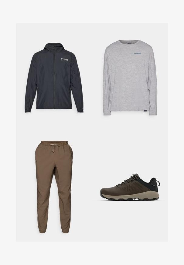 Viegls melns apģērbs ar kapuci, ar rāvējslēdzēja aizdari un Columbia logotipu. Iezīmē gludu tekstūru un elastīgus piedurkņu galus ciešai piegādei.; Gaiši pelēks garām piedurknēm t-krekls, izgatavots no mīksta, teksturēta auduma. Ar apaļu izgriezumu un nelielu zilu Patagonia logotipu uz krūtīm.; Brūni elastīgi sporta bikses ar saistītiem jostām, ar sašaurinātiem kājām un diskrētu spīdumu, izgatavotas no viegla, gluda auduma.; Brūni ūdensnecaurlaidīgi sporta apavi ar teksturētu virsu, perforētiem akcentiem, melnu papēža atbalstu un pelēku gumijas zoli. Šņores veidotas ar metāliskiem galiem.