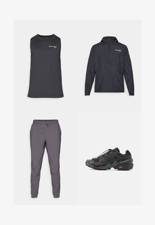 Lahka črna jakna s kapuco, z zadrgo in logotipom Columbia. Ima gladko teksturo in elastične manšete za tesen fit.; Bezrokavnik temno sive barve iz športnega blaga, z obrobljenim ovratnikom in majhnim logotipom na sprednji strani.; Sive, lahke hlače z elastičnim pasom in nastavljivo vrvico; zožane noge; gladka tekstura; vključuje detajle logotipa na strani.; Črne tekaške čevlje s sintetičnim zgornjim delom, teksturiranim dizajnom in kontrastnimi rdečimi poudarki. Imajo zavarovan sistem vezalk in trden podplat.