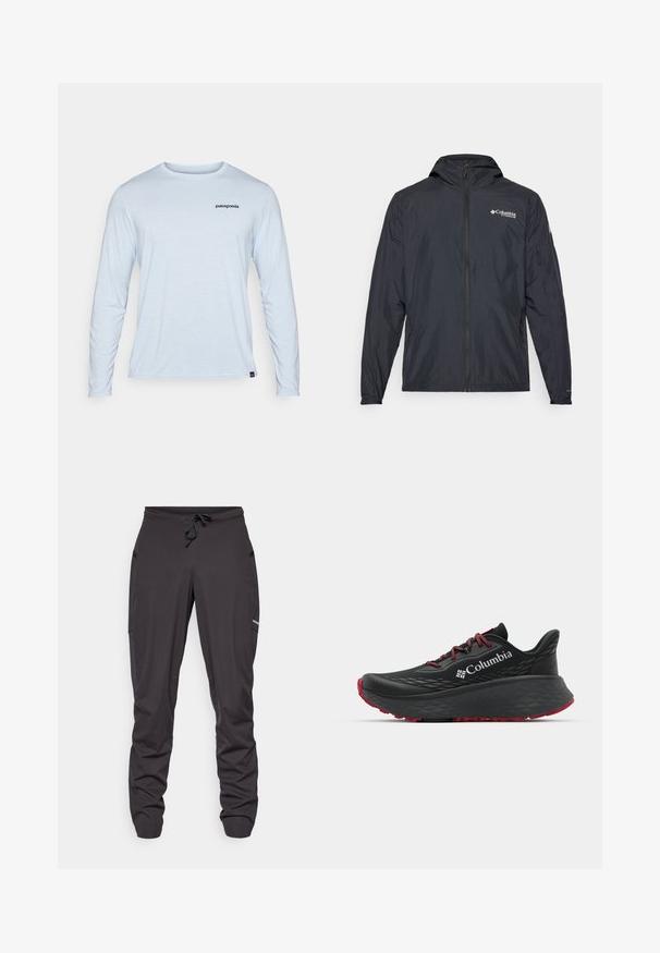 Lahka črna jakna s kapuco, z zadrgo in logotipom Columbia. Ima gladko teksturo in elastične manšete za tesen fit.; Patagonia DAILY GRAPHIC WATERS - Majica z dolgimi rokavi - fleck blue; Črne športne hlače z vrvico in stranskimi žepi, nekoliko pomirjene tkanine, z majhnim vidnim logotipom na desnem stegnu.; Črne atletske čevlje s teksturiranim zgornjim delom, rdečimi vezalkami in logotipom. Debel podplat s patternom za boljši oprijem. Minimalistična zasnova, stranski pogled.