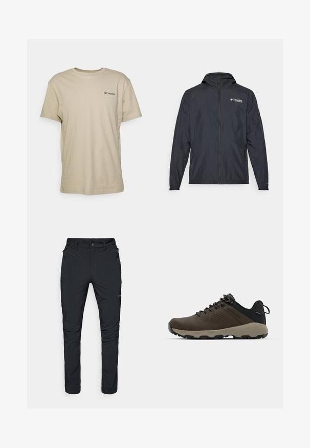 Ελαφρύ μαύρο μπουφάν με κουκούλα, κλείσιμο με φερμουάρ και λογότυπο Columbia. Διαθέτει λεία υφή και ελαστικούς καρπούς για άψογη εφαρμογή.; μπεζ βαμβακερό t-shirt με κοντά μανίκια, στρογγυλή λαιμόκοψη και μικρό μαύρο λογότυπο στην αριστερή περιοχή του στήθους. Απαλή υφή, casual σχέδιο.; Μαύρο υπαίθριο παντελόνι με ίσια γραμμή, εξοπλισμένο με τσέπες με φερμουάρ, θηλιές ζώνης και ελαφρύ, ανθεκτικό ύφασμα.; Καφέ αδιάβροχα αθλητικά παπούτσια με υφασμάτινη επάνω επιφάνεια, διατρήσεις, μαύρη στήριξη στη φτέρνα και γκρι ελαστική σόλα. Οι κορδόνες είναι διακοσμημένες με μεταλλικές άκρες.