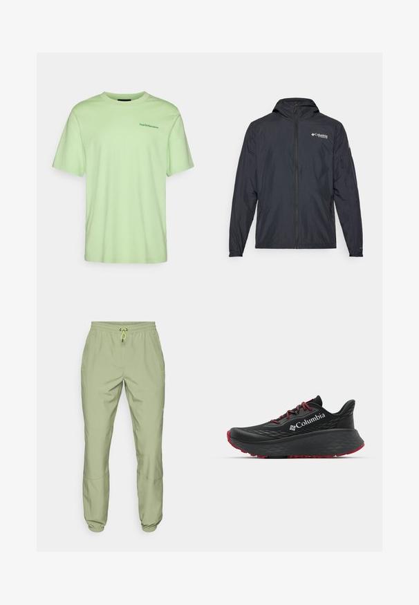 Viegls melns apģērbs ar kapuci, ar rāvējslēdzēja aizdari un Columbia logotipu. Iezīmē gludu tekstūru un elastīgus piedurkņu galus ciešai piegādei.; Gaiši zaļš kokvilnas T-krekls ar īsām piedurknēm, apaļu kakla izgriezumu un mazu zaļu logotipu kreisajā krūšu daļā. Mīksta tekstūra, ikdienišķa piegriezne.; Gaiši zaļas sporta bikses ar elastīgu jostu, aukliņu aizdari un potīšu aproces; satur divas sānu kabatas un gludu tekstūru.; Melnas sporta kurpes ar teksturētu augšdaļu, sarkanām auklām un logotipu. Bieza zole ar rakstainu protektoru, lai nodrošinātu saķeri. Minimālisma dizains, sānu skats.