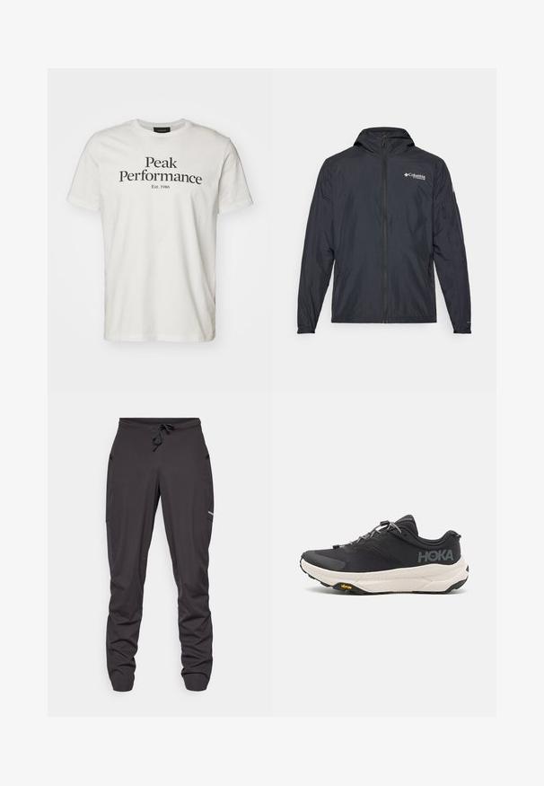 Lightweight black jacket with hood, zip closure, and Columbia logo. Features smooth texture and elastic cuffs for a snug fit.; Peak Performance ORIGINAL TEE - Print T-shirt - offwhite/black; Black drawstring athletic pants with side pockets, slightly wrinkled fabric, and a small visible logo on the right thigh.; Black athletic shoe with a textured upper, grey accents, reflective details, and a thick white sole featuring Vibram branding.