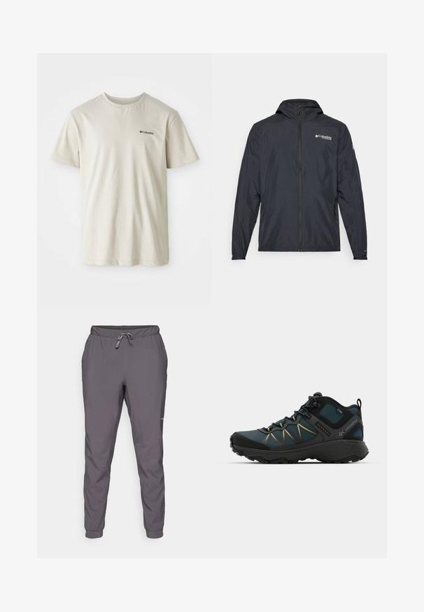 Ľahká čierna bunda s kapucňou, so zipsom a logom Columbia. Obsahuje hladký povrch a elastické manžety pre tesné uchytenie.; Béžové bavlnené tričko s krátkymi rukávmi, okrúhlym výstrihom a malým čiernym logom na ľavej strane hrude. Hladká, bezzdobná tkanina.; Sivé, ľahké nohavice s elastickým pásom a nastaviteľnou šnúrkou; zúžené nohavice; hladká textúra; obsahuje logo detail na boku.; Tmavo modrá turistická obuv s čiernymi akcentmi, textúrovaným sieťovaným vrchom, žltým prešívaním a robustnou podrážkou, vhodná na vonkajšie aktivity.