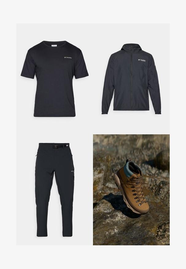 Viegls melns apģērbs ar kapuci, ar rāvējslēdzēja aizdari un Columbia logotipu. Iezīmē gludu tekstūru un elastīgus piedurkņu galus ciešai piegādei.; Melns īsām piedurknēm T-krekls, izgatavots no gluda auduma, ar mazu balto Columbia logotipu augšējā kreisajā krūšu daļā. Klasisks apaļā kakla dizains.; Columbia ESSENTIAL HIKE™ PANT - Āra bikses - black; Brūns pārgājienu zābaks ar sintētisko augšdaļu, gaiši zilu apkakli, metāla acīm un teksturētu gumijas zoli. Izstrādāts āra aktivitātēm.