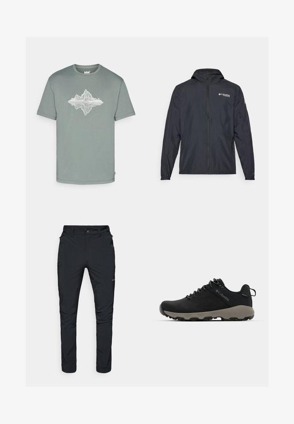Lichtgewicht zwartjack met capuchon, ritssluiting en Columbia-logo. Heeft een gladde textuur en elastische manchetten voor een comfortabele pasvorm.; Helly Hansen SKOG GRAPHIC - T-shirt print - grey cactus; Zwarte outdoorbroek met rechte pasvorm, voorzien van ritszakken, riemlussen en een lichte, duurzame stofstructuur.; Zwarte wandelschoen met een soepele bovenkant, geperforeerd ontwerp, grijze buitenzool en versterkte hiel. Voorzien van veters en een trekriem voor gemakkelijk aan- en uittrekken.