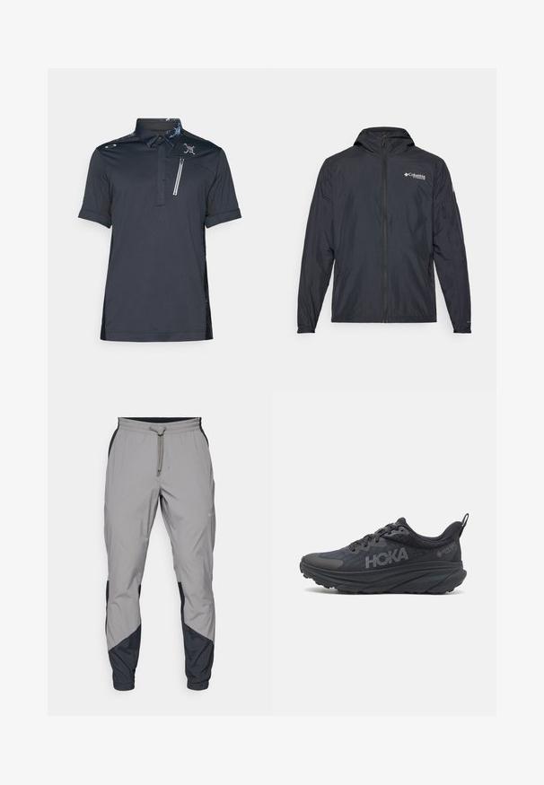 Kerge must kece, milles on kapuuts, tõmblukk ja Columbia logo. Omab siledat tekstuuri ja elastseid mansette, et istuda mugavalt.; Must mustrinda lühikeste varrukatega, mustriline krae, rinna tasku lukuga ja tekstuuriga külgedel. Logo detail ees vasakul.; Kergedatud hallid sportlikud püksid mustade aktsentidega. Elastne vöökoht, stringiga sulgemine, kitsenev jala disain ja küljetaskud.; Mustat Hoka jooksukingad, millel on võrgust pealmine osa, tekstuuriga detailid ja paks, pehmendusega tald, millel on kitsenema äär, et pakkuda paremat tuge.