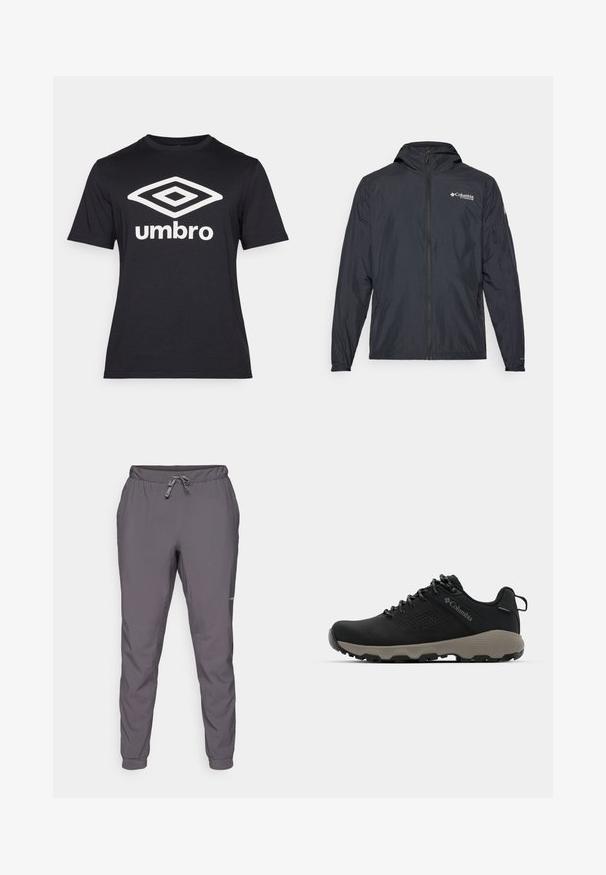 Viegls melns apģērbs ar kapuci, ar rāvējslēdzēja aizdari un Columbia logotipu. Iezīmē gludu tekstūru un elastīgus piedurkņu galus ciešai piegādei.; Melnas īsām piedurknēm t-krekli, kas izgatavots no kokvilnas, ar lielu baltu dimanta logotipu un tekstu "umbro" uz priekšpuses. Klasiska piegriezuma dizains.; Pelēki, viegli, elastīgas jostas bikses ar regulējamu auklu; sašaurinātas kājas; gluda tekstūra; ar logo detaļu sānos.; Melnas pārgājienu kurpes ar gludu virsu, perforētu dizainu, pelēku zoli un nostiprinātu papēdi. Iekļauj auklas un cilpu vieglai uzvilkšanai.