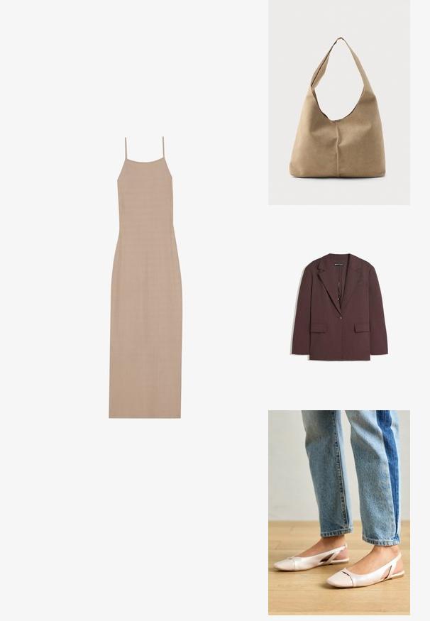 Sacou maro dintr-un material texturat, cu rever croi în favoare, închidere cu un singur nasture și două buzunare frontale.; Rochie maxi bej cu dungi, cu bretele subțiri de tip spaghetti și o siluetă dreaptă, având o textură netedă și un design minimalist.; Sandalete plate de un roz pal cu vârf ascuțit, realizate dintr-un material asemănător pielii, neted. Prezintă detalii decupate pe laterale și un toc plat.; Geantă hobo din suede bej moale, cu o formă lejeră, curea lată de umăr și detalii de cusătură manuală pe partea din față.