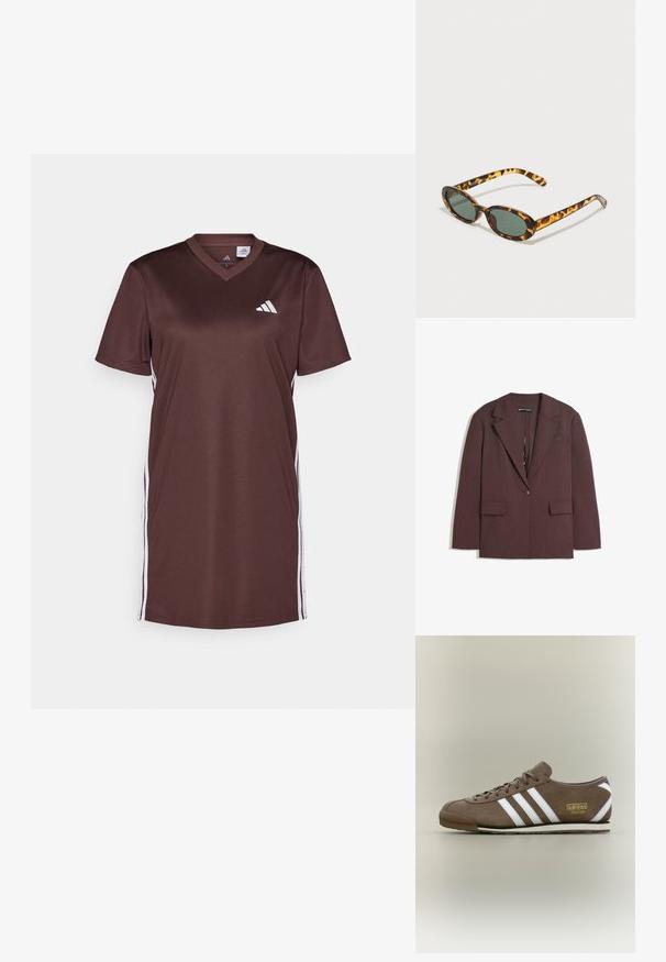 Bordowy żakiet wykonany z teksturowanej tkaniny, z klapami o wycięciu, jednolitym zapięciem na guzik oraz dwiema przednimi kieszeniami.; Brądress sportowa w kolorze brązowym, wykonana z gładkiego materiału, z dekoltem w serek, krótkimi rękawami i białymi paskami po bokach. Logo Adidas jest wyeksponowane z przodu.; Brązowy zamszowy sneaker z trzema białymi paskami, płaską gumową podeszwą, okrągłym noskiem i złotym logo "adidas Italia" po boku.; Okulary przeciwsłoneczne w kolorze żółwia z owalnymi oprawkami, ciemnozielonymi soczewkami i smukłymi zausznikami. Posiadają subtelne logo na zauszniku.