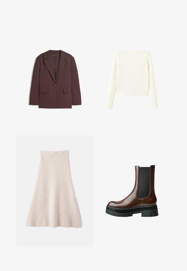 Bordo blejzer od teksturiranog materijala, s reverom na preklop, zatvaranjem na jedan dugme i dva prednja džepa.; Bijela, dugačka, pletiva majica s rebrastim uzorkom, blago brojnim izrezom i ravnim rubom.; Svijetložuta A-linija suknja izrađena od mekog, teksturiranog materijala, s glatkim pojasom i lepršavim siluetom.; Smeđa kožna gležnjača s crnim elastičnim bočnim panelom i debelim crnim gumenim potplatom. Glatka tekstura s minimalnim šavovima.