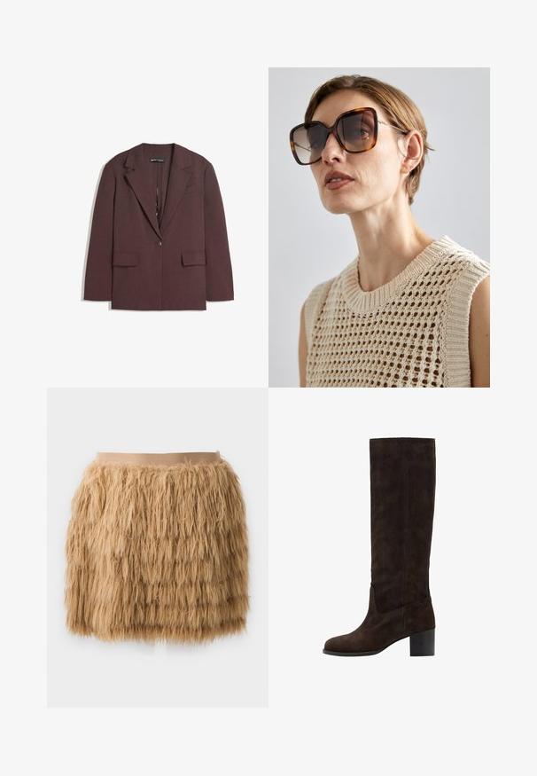 Blazer bordeaux en tissu texturé, avec un col à revers, une fermeture à un bouton et deux poches avant.; Blouse ivoire à manches longues avec un col pointu, fermeture par boutons sur le devant et ourlet légèrement arrondi. Fabriquée en tissu léger et doux.; Jupe en fausse fourrure tan avec une texture pelucheuse. Présente une ceinture lisse et large ainsi qu'un design à couches pour plus de volume.; Botte en cuir suédé marron, montée jusqu'au genou, avec un bout carré et un talon block. Texture lisse et un minimum de détails de couture sur le côté extérieur.; CHLOÉ Lunettes de soleil - brown; Sac fourre-tout en suede marron avec deux longues poignées, fermeture à cordon, et design minimaliste. Texture lisse et sans accents matériels visibles.