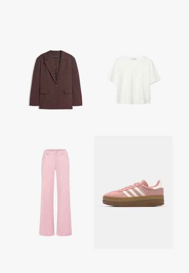 Blazer bordeaux en tissu texturé, avec un col à revers, une fermeture à un bouton et deux poches avant.; T-shirt blanc à manches courtes en coton. Doté d'un col ras du cou et d'une coupe décontractée. Texture lisse sans motifs ni accents visibles.; Pantalons larges roses en tissu doux en mélange de coton. Dotés de deux poches avant, d'une fermeture à bouton et d'une taille mi-haute.; adidas Originals GAZELLE BOLD - Baskets basses - mauve/off white