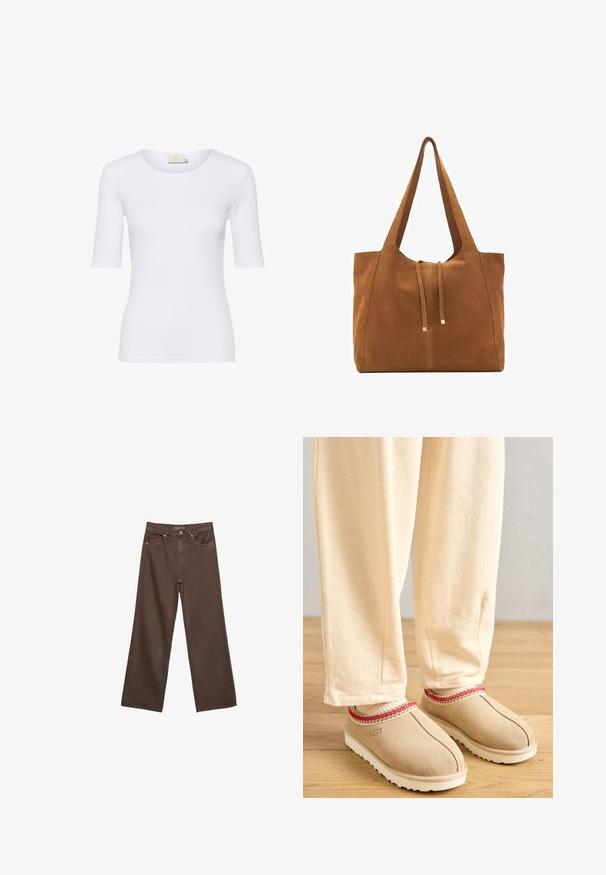 Bordeaux blazer gemaakt van textiel met een structuur, voorzien van een notch-kraag, enkele knoopsluiting en twee voorkanten zakken.; Witte nauwsluitende t-shirt van gladde stof, met een ronde halslijn en korte mouwen, zonder zichtbare patronen of accenten.; Brede bruine spijkerbroek van denim, met een hoge taille, voorzakken en een klassieke knoopsluiting. Soepele textuur met subtiele stiksels.; Tansuède klompen met een rode decoratieve rand en een witte rubberen zool, gecombineerd met lichtbeige broeken, geplaatst op een houten vloer.; Bruine suède schoudertas met twee lange hengsels, trekkoordsluiting en minimalistisch ontwerp. Gladde textuur en geen zichtbare hardware-accenten.