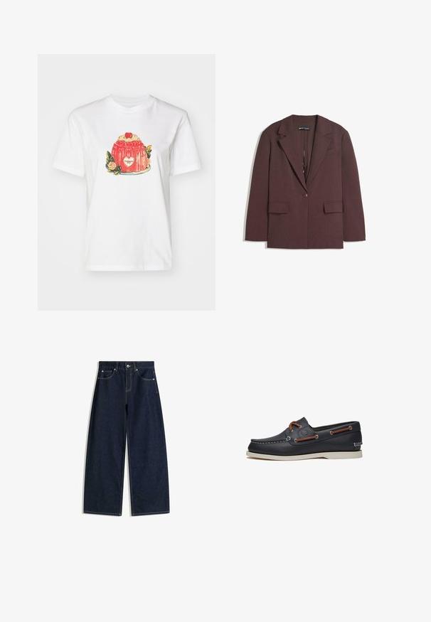 Maronfarbener Blazer aus strukturiertem Stoff, mit Reverskragen, einfacher Knopfleiste und zwei vorderen Taschen.; Weißes Baumwoll-T-Shirt mit einer bunten Illustration eines Desserts mit einer Kirsche obendrauf und blumigen Akzenten, die auf der Vorderseite zentriert ist.; Dunkelblaue Denim-Jeans mit weitem Bein, Fronttaschen, Knopfverschluss und sichtbaren Nähten vor weißem Hintergrund.; Marineblaue Lederbootsschuhe mit braunen Schnürsenkeln und Ösen, weißer Gummisohle und gestickten Details entlang des oberen Randes.