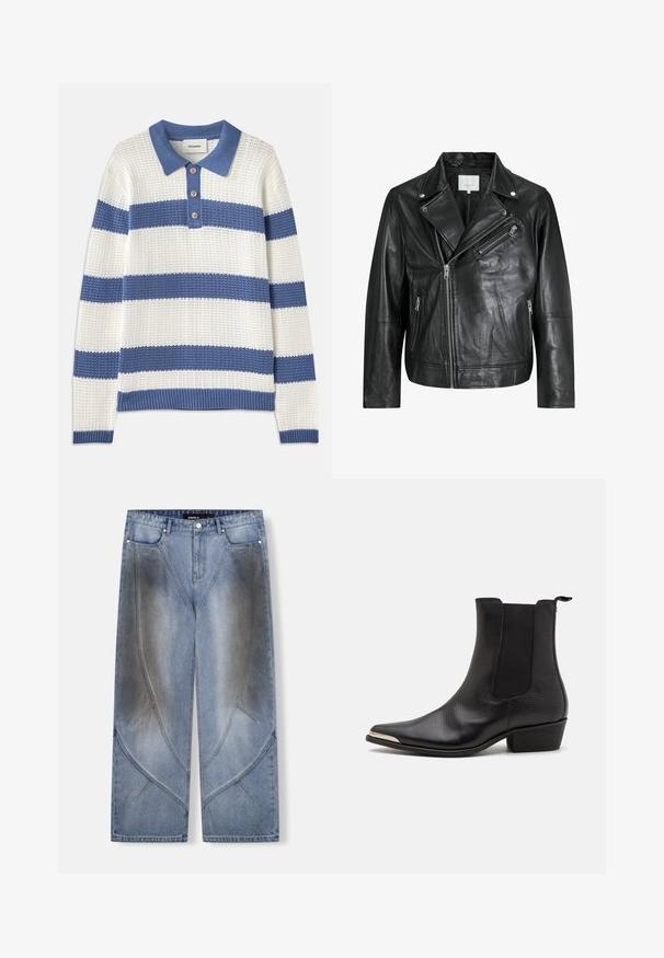 Černá kožená biker bunda s kapsami na zip, širokými klopami a dlouhými rukávy. Měkká textura a strukturovaný design s kovovými doplňky.; Pulovr v bílé a modré horizontální pruhy, pletená textura, s límcem a třemi knoflíky. Dlouhé manžety a spodní lem jsou žebrované, volný střih.; Flanelová košile s žluto-černým kostkovaným vzorem, dlouhými rukávy, dvěma náprsními kapsami, zapínáním na knoflíky a volnějším střihem.; Světle modré široké džíny z denimu s unikátním úhlovým designem, efekty vyblednutí a kontrastním prošíváním. Styl s pěti kapsami.; Černé kotníkové boty vyrobené z texturované kůže, s špičatou špičkou, elastickými postranními panely, zadním poutkem a nízkým blokovým podpatkem.