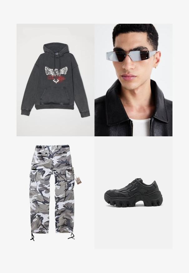 Černá kožená biker bunda s kapsami na zip, širokými klopami a dlouhými rukávy. Měkká textura a strukturovaný design s kovovými doplňky.; Černá, nadměrná mikina s kapucí s grafickým potiskem znázorňujícím orla a textem "KRÁLOVÉ." Obsahuje přední kapsu a stažení kapuce.; Černé tričko s krátkým rukávem vyrobené z bavlny, s kulatým výstřihem a volným střihem. Hladká textura s minimálními švy.; Maskáčové cargo kalhoty v odstínech šedé a bílé, s několika kapsami a šnůrkou na manžetách pro nastavitelnou velikost.; Černé robustní tenisky s tlustou podrážkou s výrazným vzorkem, texturovanými bočními překryvy, šněrováním vpředu a značkou "ROMBAUT" na bočním panelu.; Avenované sluneční brýle se šedým nádechem a stříbrnými doplňky, umístěné na světlém pozadí. Skla mají jedinečný geometrický tvar.
