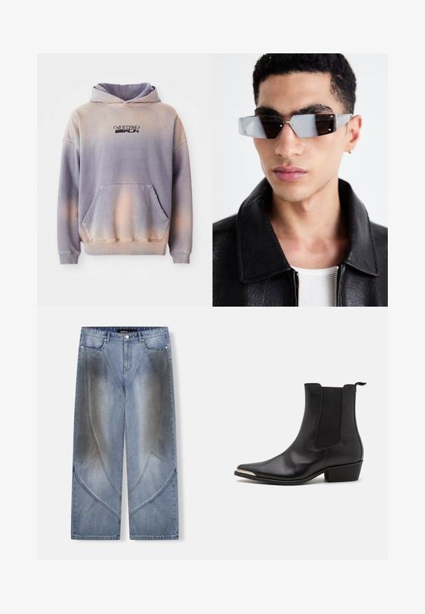 Černá kožená biker bunda s kapsami na zip, širokými klopami a dlouhými rukávy. Měkká textura a strukturovaný design s kovovými doplňky.; Mikina s kapucí v purpurové a broskvové gradientové barvě, vyrobená z měkké látky. Má přední kapsu a černé logo na hrudi.; Světle modré široké džíny z denimu s unikátním úhlovým designem, efekty vyblednutí a kontrastním prošíváním. Styl s pěti kapsami.; Černé kotníkové boty vyrobené z texturované kůže, s špičatou špičkou, elastickými postranními panely, zadním poutkem a nízkým blokovým podpatkem.; Avenované sluneční brýle se šedým nádechem a stříbrnými doplňky, umístěné na světlém pozadí. Skla mají jedinečný geometrický tvar.