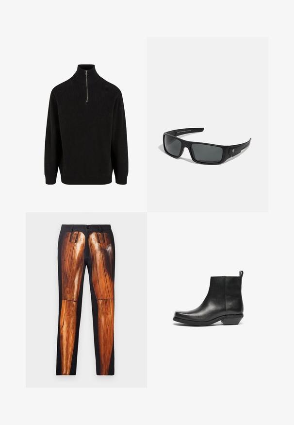 Schwarze Leder-Bikerjacke mit Reißverschlusstaschen, breiten Revers und langen Ärmeln. Weiche Textur und strukturiertes Design mit metallic Hardware.; Schwarzer gerippter Rollkragenpullover mit einem halben Reißverschluss, langen Ärmeln und einer lockeren Passform. Strukturierte Strickware in einfarbigem Design.; Schwarze Hose mit grafischem Druck von Holzbeinen, mit glatter Textur und kontrastierendem glänzenden Finish auf einem matten Hintergrund.; Schwarze Leder-Ankle Boots mit spitz zulaufender Zehenpartie und niedrigem Blockabsatz. Elegantes Design mit glatter Oberfläche und Zuglasche für ein einfaches An- und Ausziehen.; Schwarze Sonnenbrille mit rechteckigem Rahmen, dunkelgrauen Gläsern und glatter Kunststoffoberfläche. Auffälliges Logo-Element an der Seite.