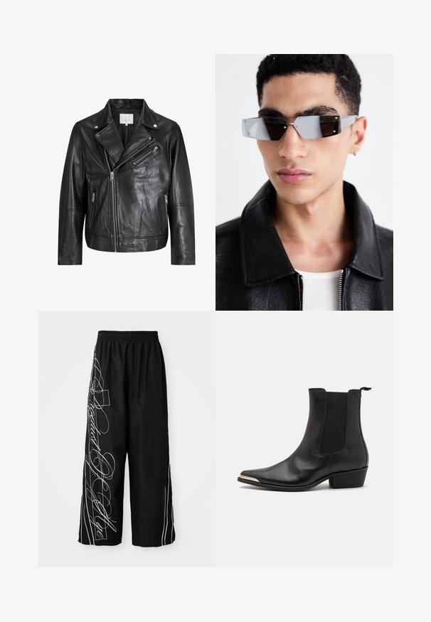 Fekete bőr motoros dzseki cipzáras zsebekkel, széles hajtókákkal és hosszú ujjakkal. Puha textúrájú és strukturált dizájnnal rendelkezik, fémes kiegészítőkkel.; Kockás flanel ing sárga és fekete színben, hosszú ujjal, két mellzsebbel, gombos elejével és laza szabásával.; Ujj nélküli kockás felső piros, kék, sárga és barna árnyalatokkal, amelyen a "WESTWOOD" szó vastag sárga betűkkel van feltüntetve a mellkason, csillag díszítésekkel.; Fekete, bő, rövidnadrág, könnyű anyagból készült. Fehér hímezett mintázat és díszítések futnak le az oldalán. Rugalmas derékpánt.; Fekete boka csizmák textúrált bőrből, hegyes orral, elasztikus oldalsó panelekből, hátsó húzófüllel és alacsony blokk sarkú kivitelezéssel.; Szögletes, szürke árnyalatú napszemüveg ezüst díszítéssel, világos háttér előtt. A lencsék egyedi geometrikus formával rendelkeznek.