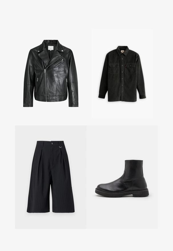 Černá kožená biker bunda s kapsami na zip, širokými klopami a dlouhými rukávy. Měkká textura a strukturovaný design s kovovými doplňky.; Černá kordurová košile s knoflíkovým zapínáním vpředu, límečkem a dvěma náprsními kapsami. Disponuje texturovanou tkaninou a rovnou střiženou konstrukcí.; Černé kratasy s jemným proužkem, s vertikálními záhyby, zapínáním na knoflík a kovovým kroužkem jako akcentem. Hladká látka s dobře padnoucím střihem a délka těsně nad kolena.; Černé kožené kotníkové boty se hladkým povrchem, zaoblenou špičkou a elastickými bočními panely; robustní gumová podrážka pro zvýšenou odolnost.