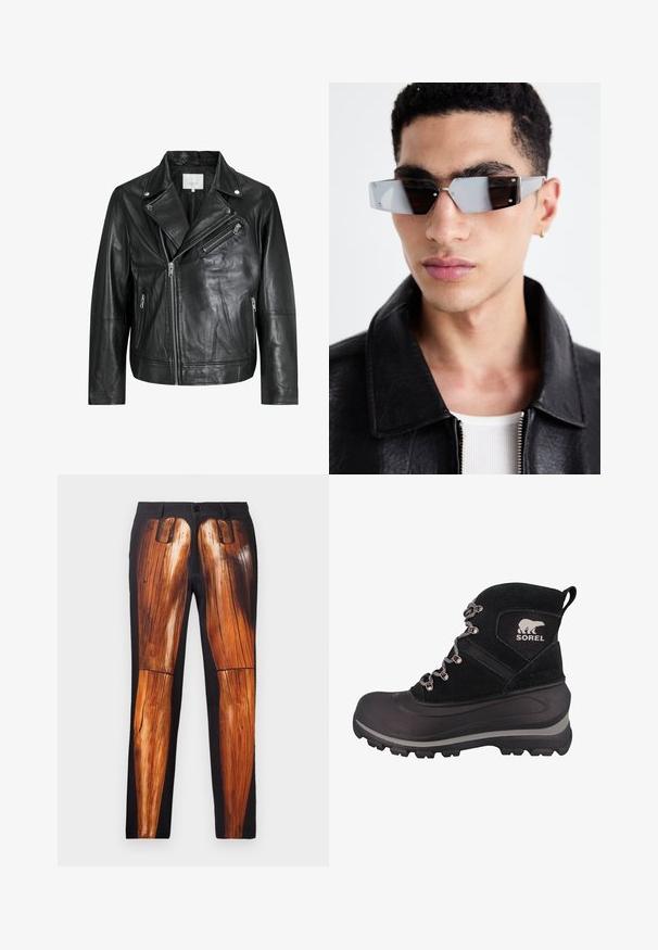 Černá kožená biker bunda s kapsami na zip, širokými klopami a dlouhými rukávy. Měkká textura a strukturovaný design s kovovými doplňky.; Černá košile na knoflíky s vrstvenými krátkými a dlouhými rukávy. Vyrobena z bavlny, s klasickým límcem a decentním logem na rameni.; Černé kalhoty s grafickým potiskem dřevěných nohou, hladkou texturou a kontrastním lesklým povrchem na matném pozadí.; Černá zimní bota s texturovaným zvrškem z řemínkového semiše, gumovou podrážkou, kovovými detaily a logem. Má vysoký svršek a pevný systém šněrování.; Avenované sluneční brýle se šedým nádechem a stříbrnými doplňky, umístěné na světlém pozadí. Skla mají jedinečný geometrický tvar.