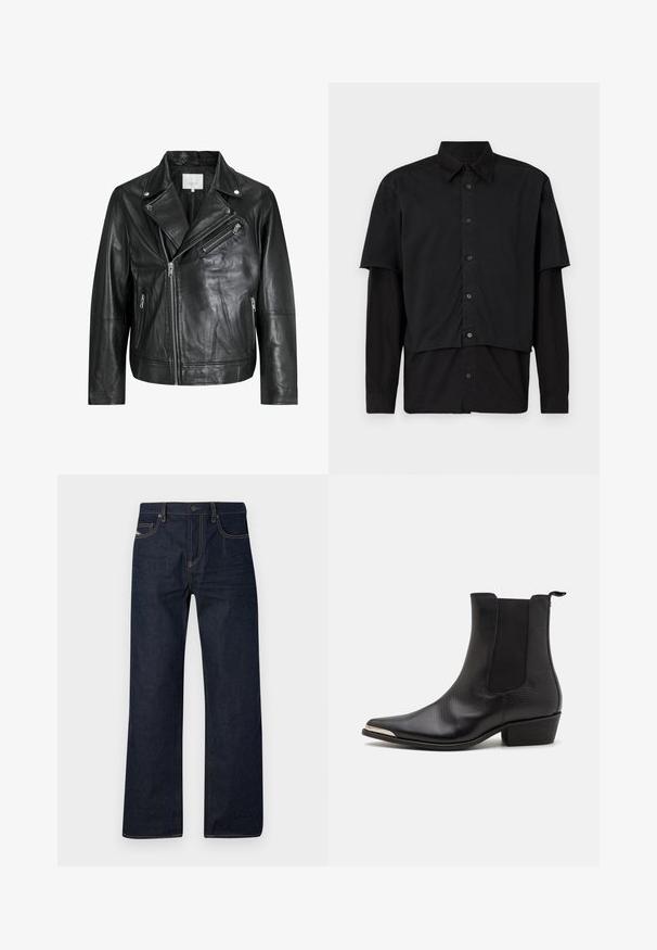Zwarte leren motorjack met ritstasjes, brede revers en lange mouwen. Zachte textuur en gestructureerd ontwerp met metalen afwerkingen.; Zwarte overhemd met korte en lange mouwen in lagen. Gemaakt van katoen, met een klassieke kraag en een subtiele logo-detail op de schouder.; Donkerblauwe denimjeans met rechte pijpen, contrasterende gele stiksels, een klassiek vijf-pocket ontwerp en een knoopsluiting bij de taille.; Zwarte enkellaarsjes van textuurleer met een spitse neus, elastische zijkanten, een trek lus achterop en een lage blokhak.