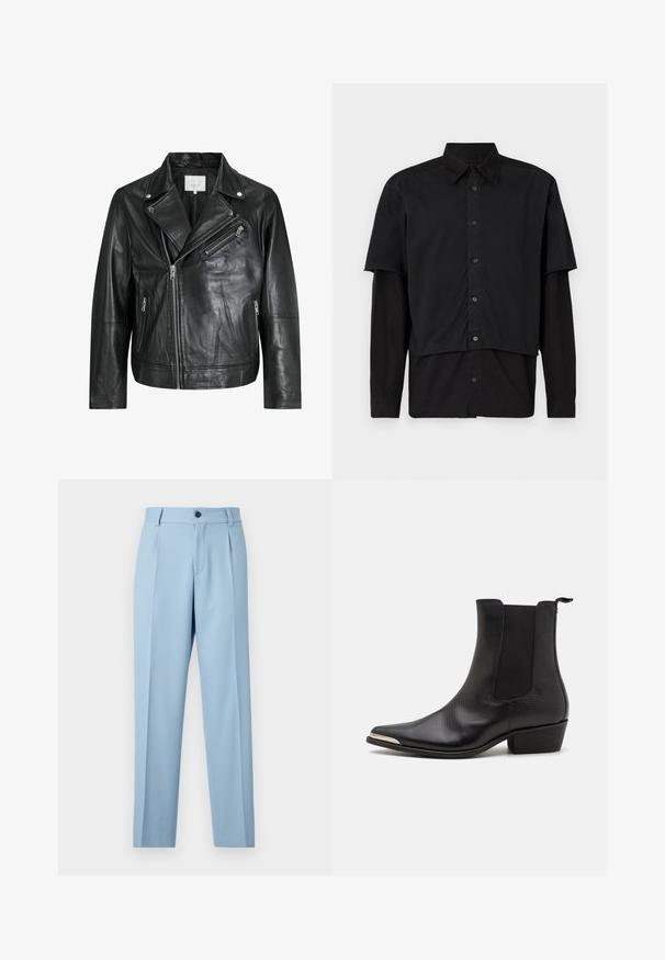 Černá kožená biker bunda s kapsami na zip, širokými klopami a dlouhými rukávy. Měkká textura a strukturovaný design s kovovými doplňky.; Černá košile na knoflíky s vrstvenými krátkými a dlouhými rukávy. Vyrobena z bavlny, s klasickým límcem a decentním logem na rameni.; Světle modré kalhoty vyrobené z hladkého materiálu, s rovnými nohavicemi, předními záhyby a jednobarevným zapínáním na knoflík v pase.; Černé kotníkové boty vyrobené z texturované kůže, s špičatou špičkou, elastickými postranními panely, zadním poutkem a nízkým blokovým podpatkem.