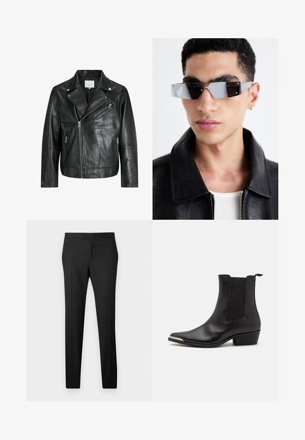 Jachetă de motociclist din piele neagră, cu buzunare cu fermoar, rever late și mâneci lungi. Textură moale și design structurat cu elemente metalice.; Cămașă neagră cu buton, cu mâneci scurte și lungi în straturi. Fabricată din bumbac, cu un guler clasic și un detaliu subtire cu logo pe umăr.; Pantaloni negri, croiți pe linie dreaptă, confecționați dintr-un material fin. Caracteristici includ fața netedă, bucle pentru curea și fără modele sau decorațiuni vizibile.; Cizme negre până la gleznă, realizate din piele texturată, cu vârf ascuțit, panouri elastice pe laterale, un tab de prindere la spate și un tocul mic cu formă de bloc.; Ochelari de soare unghiulari cu nuanță gri, cu accesorii argintii, pe un fundal deschis. Lentilele au o formă geometrică unică.