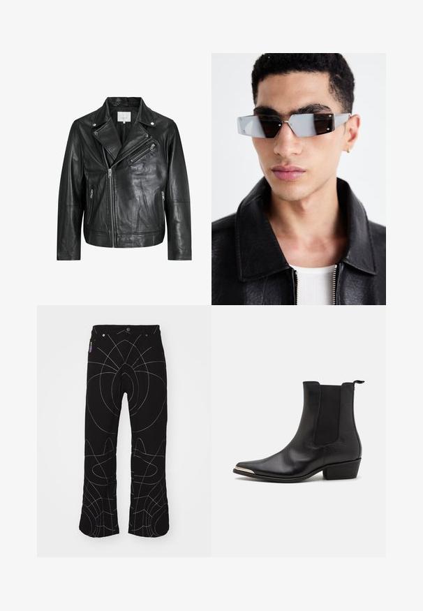 Černá kožená biker bunda s kapsami na zip, širokými klopami a dlouhými rukávy. Měkká textura a strukturovaný design s kovovými doplňky.; Černá košile na knoflíky s vrstvenými krátkými a dlouhými rukávy. Vyrobena z bavlny, s klasickým límcem a decentním logem na rameni.; Černé kalhoty s bílým abstraktním prošitím. Obsahují standardní kapsy, zapínání na knoflík a rovný střih nohavic. Texturovaná tkanina.; Černé kotníkové boty vyrobené z texturované kůže, s špičatou špičkou, elastickými postranními panely, zadním poutkem a nízkým blokovým podpatkem.; Avenované sluneční brýle se šedým nádechem a stříbrnými doplňky, umístěné na světlém pozadí. Skla mají jedinečný geometrický tvar.