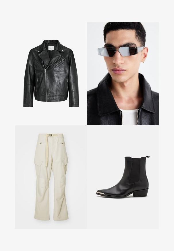 Zwarte leren motorjack met ritstasjes, brede revers en lange mouwen. Zachte textuur en gestructureerd ontwerp met metalen afwerkingen.; Zwarte overhemd met korte en lange mouwen in lagen. Gemaakt van katoen, met een klassieke kraag en een subtiele logo-detail op de schouder.; Beige cargobroek met een wijde pijp, een ceintuur, twee zijzakken en kniestukken. Gladde textuur met versterkte stikdetails.; Zwarte enkellaarsjes van textuurleer met een spitse neus, elastische zijkanten, een trek lus achterop en een lage blokhak.; Hoekige, grijsgetinte zonnebril met zilveren accenten, tegen een lichte achtergrond. De lenzen hebben een unieke geometrische vorm.