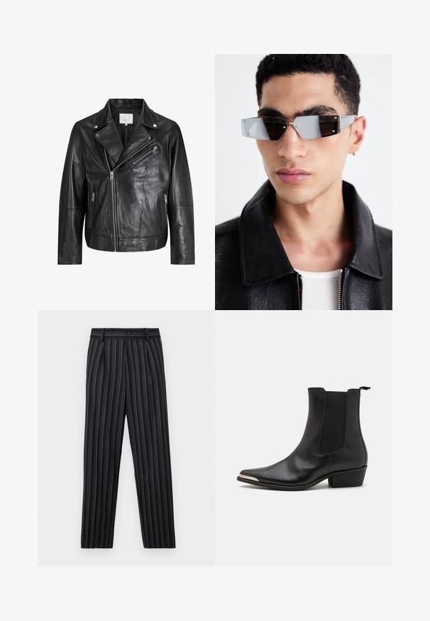 Melnas ādas moto jaka ar rāvējslēdzēju kabatām, platām atlokām un garām piedurknēm. Maiga tekstūra un strukturēts dizains ar metāla furnitūru.; Melns krekls ar pogām, kura piedurknes ir kārtots īsās un garās. Izgatavots no kokvilnas, tam ir klasiskā apkakle un diskrēta logo detaļa uz pleca.; Melnbaltas svītrains bikses ar pielāgotu piegriezumu, ar jostas cilpām, priekšējo pogu aizdari un nospiestiem priekšējiem krokām.; Melnas potītes zābakus, kas izgatavoti no teksturētas ādas, ar smailu purngalu, elastīgām sānu paneļiem, aizmugures cilpu un zemu kvadrātveida papēdi.; Stūrainas pelēkā toņa saulesbrilles ar sudraba detaļām, novietotas uz gaiša fona. Lēcas ir ar unikālu ģeometrisku formu.