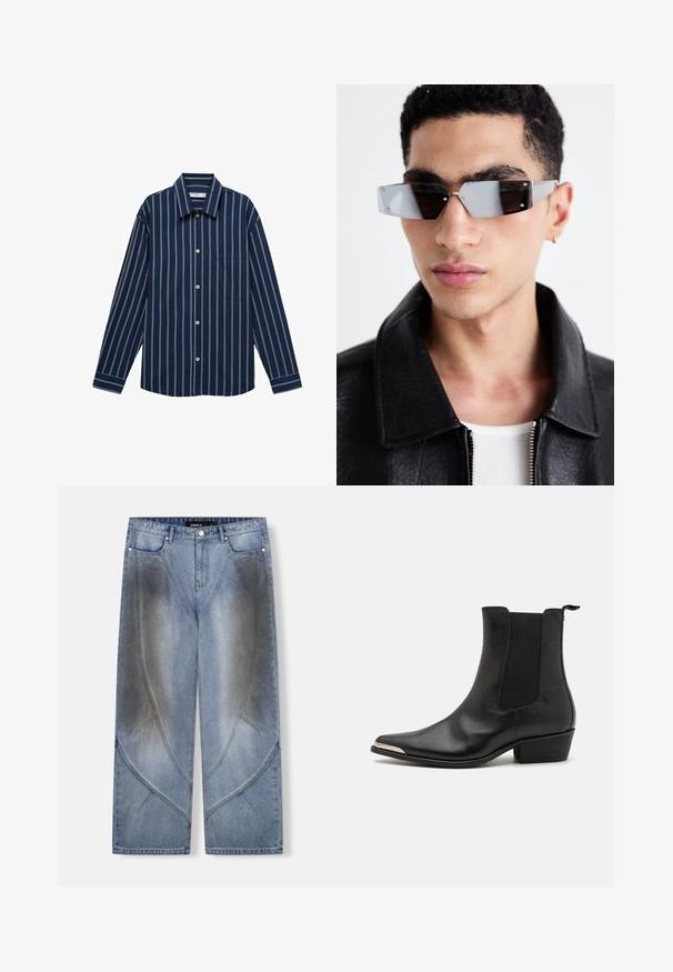 Černá kožená biker bunda s kapsami na zip, širokými klopami a dlouhými rukávy. Měkká textura a strukturovaný design s kovovými doplňky.; Námořnicky modrá košile s dlouhým rukávem, bílé vertikální pruhy, zapínání na knoflíky vpředu a jedna kapsa na prsou. Vyrobena z hladké tkaniny.; Světle modré široké džíny z denimu s unikátním úhlovým designem, efekty vyblednutí a kontrastním prošíváním. Styl s pěti kapsami.; Černé kotníkové boty vyrobené z texturované kůže, s špičatou špičkou, elastickými postranními panely, zadním poutkem a nízkým blokovým podpatkem.; Avenované sluneční brýle se šedým nádechem a stříbrnými doplňky, umístěné na světlém pozadí. Skla mají jedinečný geometrický tvar.