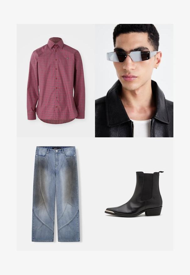 Crna kožna moto jakna s patentnim zatvaračima, širokim reverima i dugim rukavima. Meka tekstura i strukturirani dizajn s metalnim detaljima.; Crvena karirana košulja dugih rukava s dugim gumbima, smešnim gumbima i zaobljenim rubom, izrađena od tkanog pamučnog materijala.; Top bez rukava s kariranim uzorkom u crvenoj, plavoj, žutoj i smeđoj boji, s natpisom "WESTWOOD" u podebljanim žutim slovima preko prsa, uz akcentirane zvjezdice.; Svijetloplave široke traperice s jedinstvenim kutaškim dizajnom, efektima blijeđenja i kontrastnim šavovima. Stil s pet džepova.; Crne gležnjače napravljene od teksturirane kože s oštrim vrhom, elastičnim bočnim panelima, stražnjim okvirom za povlačenje i niskom blok petom.; Angular sunčane naočale sivo-smeškanih tonova sa srebrnim detaljima, postavljene na svijetloj pozadini. Stakla imaju jedinstven geometrijski oblik.