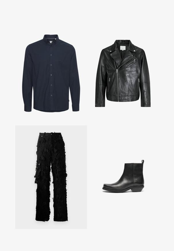 Black leather biker jacket with zippered pockets, wide lapels, and long sleeves. Soft texture and structured design with metallic hardware.; Navy blue long-sleeve shirt made of cotton. Features a button-down collar, front buttons, and standard cuffs. Smooth texture without patterns.; Black pants with a textured, fringed design. Features a high waist, metal button closure, and side strap for adjustment.; Black leather ankle boots with a tapered toe and low block heel. Sleek design with a smooth texture and pull tab for easy wear.
