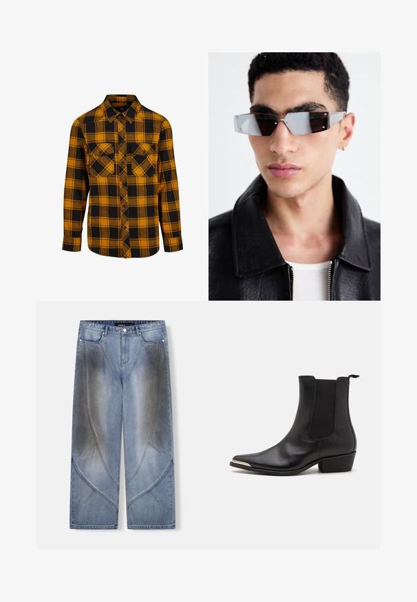 Černá kožená biker bunda s kapsami na zip, širokými klopami a dlouhými rukávy. Měkká textura a strukturovaný design s kovovými doplňky.; Flanelová košile s žluto-černým kostkovaným vzorem, dlouhými rukávy, dvěma náprsními kapsami, zapínáním na knoflíky a volnějším střihem.; Bezrukávý kostkovaný top v červených, modrých, žlutých a hnědých tónech, se slovem "WESTWOOD" napsaným tučně žlutými písmeny přes hruď, doplněný hvězdnými akcenty.; Světle modré široké džíny z denimu s unikátním úhlovým designem, efekty vyblednutí a kontrastním prošíváním. Styl s pěti kapsami.; Černé kotníkové boty vyrobené z texturované kůže, s špičatou špičkou, elastickými postranními panely, zadním poutkem a nízkým blokovým podpatkem.; Avenované sluneční brýle se šedým nádechem a stříbrnými doplňky, umístěné na světlém pozadí. Skla mají jedinečný geometrický tvar.