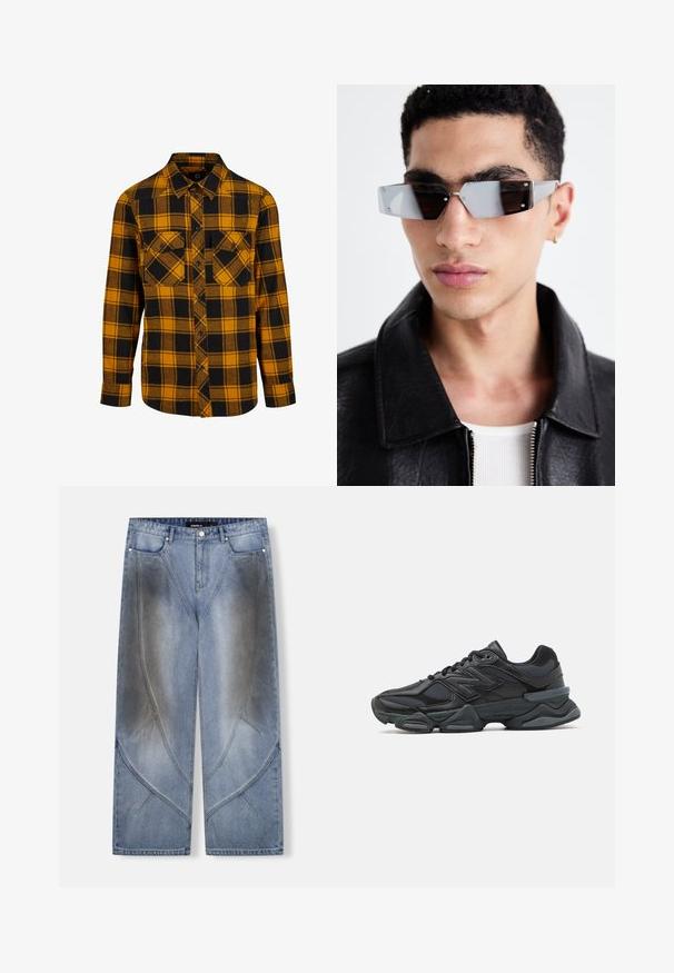 Chaqueta de moto de cuero negro con bolsillos con cremallera, solapas anchas y mangas largas. Textura suave y diseño estructurado con accesorios metálicos.; Camisa de franela con un patrón de cuadros amarillo y negro, mangas largas, dos bolsillos en el pecho, cierre de botones en la parte delantera y un corte relajado.; Tirante sin mangas de cuadros con tonos rojos, azules, amarillos y marrones, que presenta la palabra "WESTWOOD" en letras amarillas en negrita a lo largo del pecho con acentos de estrellas.; Pantalones vaqueros de pierna ancha en denim azul claro con un diseño angular único, efectos de degradado y detalles de costuras contrastantes. Estilo de cinco bolsillos.; Zapatilla de running negra que presenta una combinación de malla y materiales sintéticos, suela gruesa, diseño curvado y una marca prominente en el costado.; Gafas de sol angulares de tonalidad gris con detalles en plata, sobre un fondo claro. Las lentes presentan una forma geométrica única.