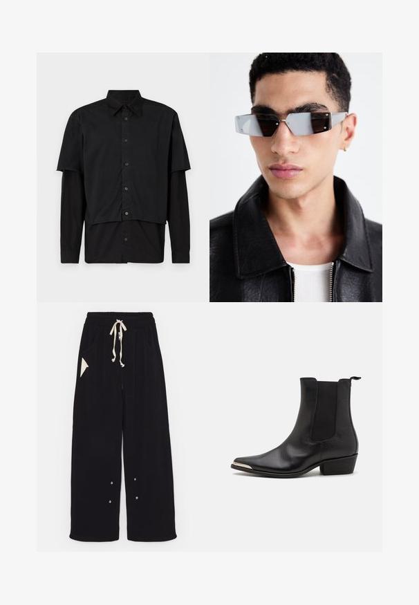 Giacca da moto in pelle nera con tasche con zip, ampie revers e maniche lunghe. Texture morbida e design strutturato con accessori metallici.; Camicia nera con bottoni, con maniche corte e lunghe sovrapposte. Realizzata in cotone, presenta un colletto classico e un discreto logo sulla spalla.; T-shirt nero a maniche corte in cotone, con scollatura rotonda e vestibilità comoda. Texture liscia con dettagli di cucitura minimi.; Pantaloni neri a gamba larga realizzati in un morbido tessuto, con vita regolabile tramite cordino, tasche laterali e una tasca accentuata triangolare. Include dettagli in hardware argentato.; Stivaletti neri realizzati in pelle testurizzata con punta a punta, pannelli laterali elastici, linguetta sul retro e tacco a blocco basso.; Occhiali da sole angolari con tonalità grigia e hardware in argento, su uno sfondo chiaro. Le lenti presentano una forma geometrica unica.