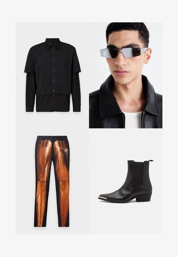 Svart skinnbikerjakke med glidelåslommer, brede slag og lange ermer. Myk tekstur og strukturert design med metallisk beslag.; Svart skjorte med knappestress og lagde korte og lange ermer. Laget av bomull, med klassisk krage og subtil logo detalj på skulderen.; Sorte bukser med et grafisk print af træben, med en glat tekstur og en kontrastfyldt shiny overflade på en mat baggrund.; Sorte ankelstøvler laget av teksturert lær med spiss tå, elastiske sidepaneler, en bakre trekkstang og en lav blokkhelt.; Vinklet gråtonede solbriller med sølvhardware, satt mot en lys bakgrunn. Linsene har en unik geometrisk form.